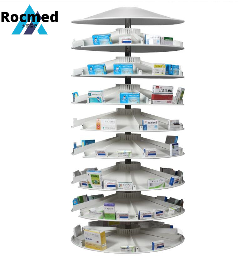 Rotatory Steel Hospital Medical Steel Adjustable Component Medicine Shelf Pharmacy Tray Medicine Rotary Display Shelf